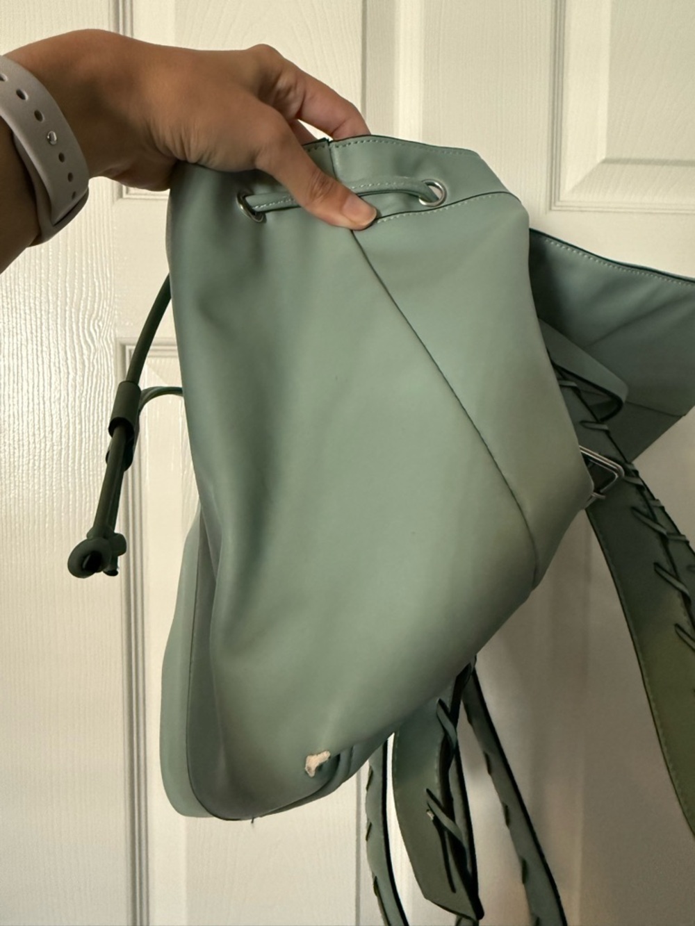 Zara Sage Green Faux Leather Backpack Minimalist Flap Drawstring Bag - Picture 5 of 7